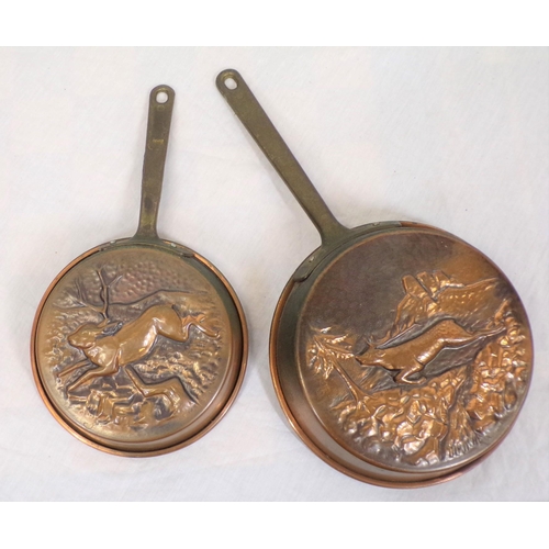 37 - Assorted lot of copper wares - jelly mould, plate, and two pans