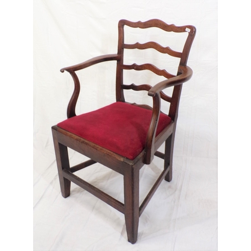 376 - Georgian mahogany ladder back carver with shaped rails, and arms, upholstered seat, on square legs w... 