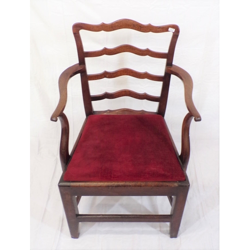 376 - Georgian mahogany ladder back carver with shaped rails, and arms, upholstered seat, on square legs w... 