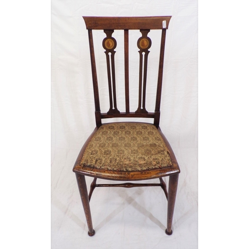 377 - Edwardian inlaid bedroom chair with railed back, bow fronted seat, turned legs with stretchers