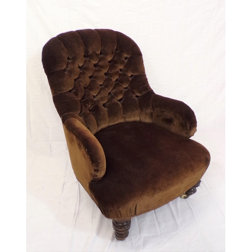 384 - Victorian style upholstered back armchair with shaped arms, on turned legs with stretchers