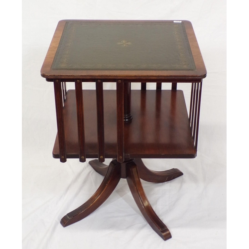 49 - Edwardian mahogany small revolving bookcase with leatherette inset, railed sides, on quadrapod