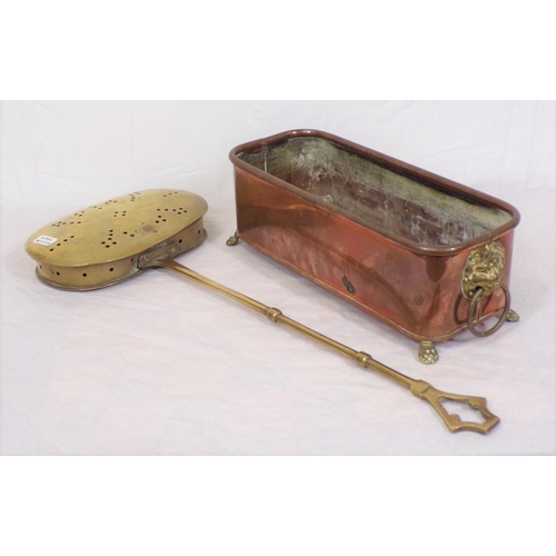 53 - Vintage copper oblong trough with brass handles and a brass chestnut roaster with shaped handle