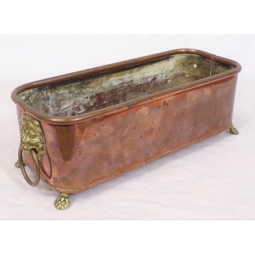 53 - Vintage copper oblong trough with brass handles and a brass chestnut roaster with shaped handle