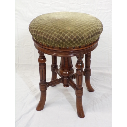 54 - Victorian walnut dressing stool with swivel adjustable upholstered top, on turned legs with stretche... 