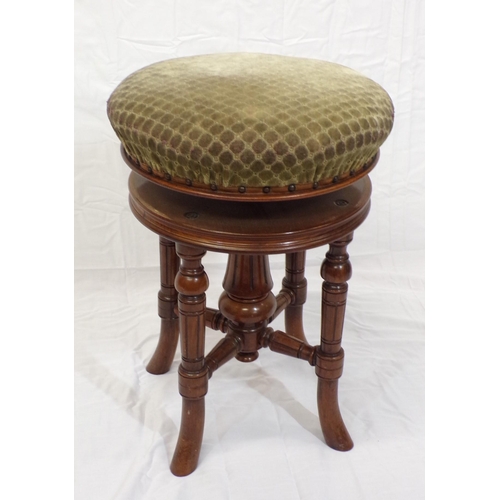 54 - Victorian walnut dressing stool with swivel adjustable upholstered top, on turned legs with stretche... 