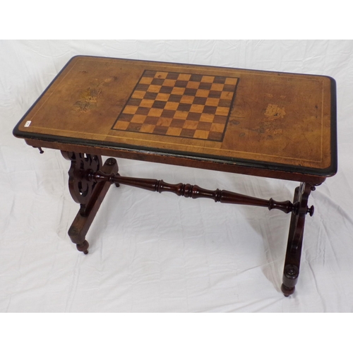 59 - Edwardian inlaid walnut oblong occasional and games table with gamesboard and foliate inlay, on orna... 