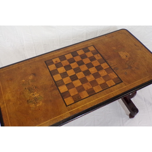 59 - Edwardian inlaid walnut oblong occasional and games table with gamesboard and foliate inlay, on orna... 