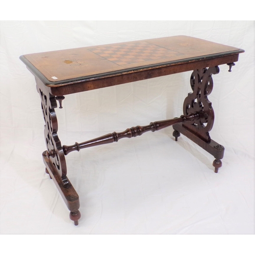 59 - Edwardian inlaid walnut oblong occasional and games table with gamesboard and foliate inlay, on orna... 