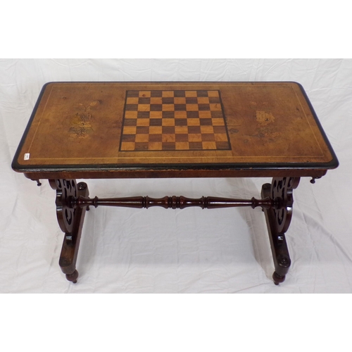 59 - Edwardian inlaid walnut oblong occasional and games table with gamesboard and foliate inlay, on orna... 