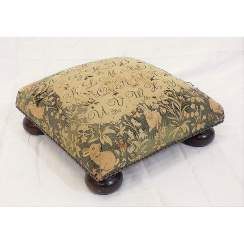 62 - Georgian square footstool with rabbit and foliate decorated upholstery