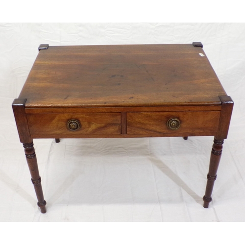 64 - Victorian mahogany low coffee or occasional table with frieze drawers, brass drop handles, on turned... 