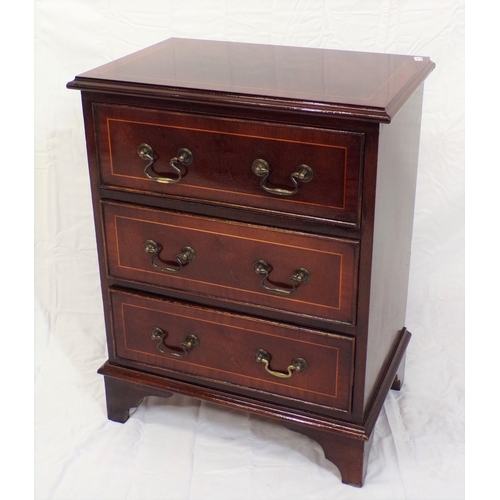 66 - Edwardian inlaid mahogany small chest of three drawers with shaped drop handles, on bracket feet