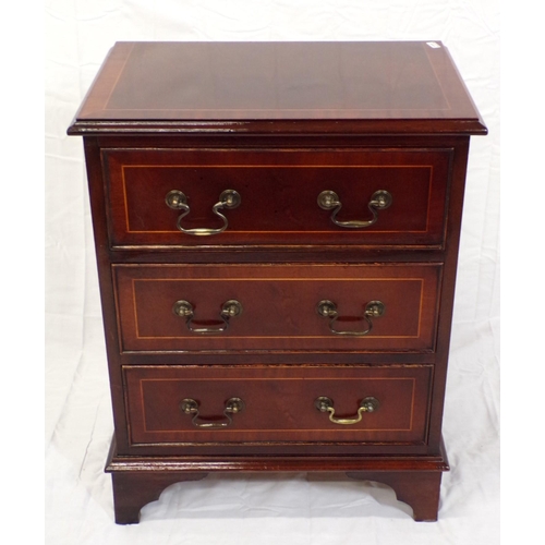 66 - Edwardian inlaid mahogany small chest of three drawers with shaped drop handles, on bracket feet