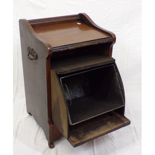 69 - Edwardian inlaid mahogany fuel cabinet with shaped sides, shaped brass handle, drop-down front with ... 