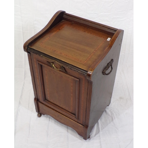 69 - Edwardian inlaid mahogany fuel cabinet with shaped sides, shaped brass handle, drop-down front with ... 