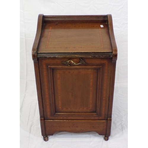 69 - Edwardian inlaid mahogany fuel cabinet with shaped sides, shaped brass handle, drop-down front with ... 