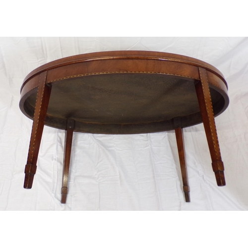 71 - Edwardian inlaid mahogany oval occasional or coffee table with raised rim, on herringbone inlaid tap... 