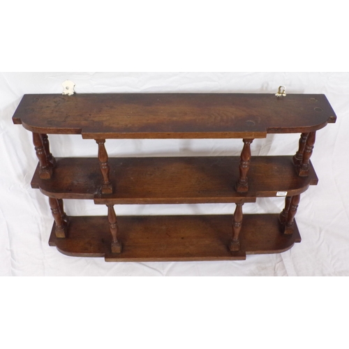 73 - Victorian Arts and Crafts style oak three tier wall shelf with turned columns