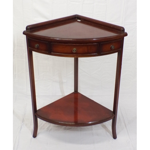 74 - Edwardian style two tier bow fronted corner whatnot with raised gallery, three drawers with brass ha... 