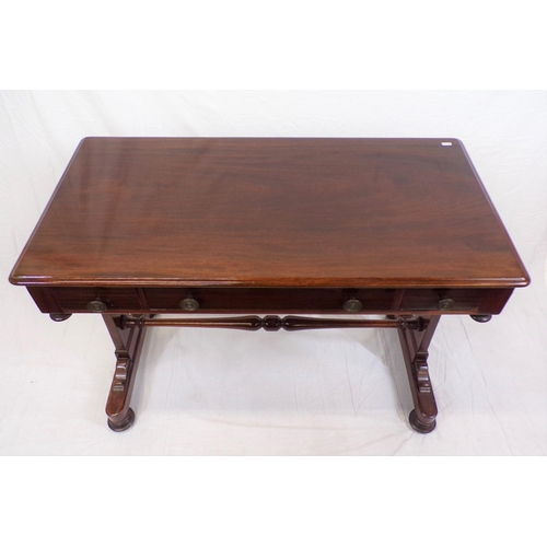 75 - Edwardian mahogany hall or side table with three frieze drawers, round handles, shaped finials, tape... 