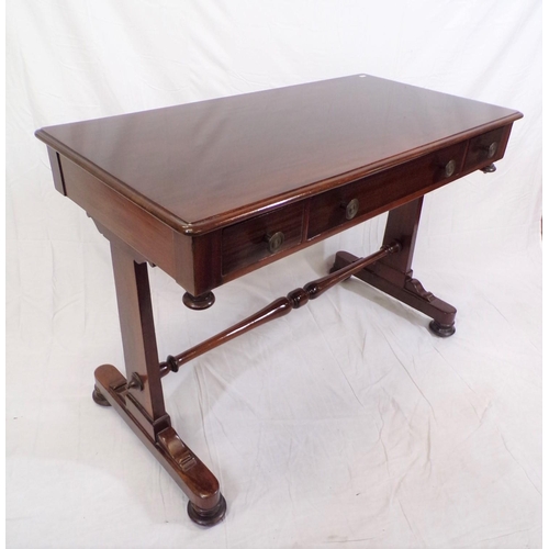 75 - Edwardian mahogany hall or side table with three frieze drawers, round handles, shaped finials, tape... 