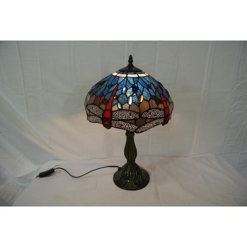 232 - Art Deco style bronzed electric table lamp with ornate multi-coloured panelled shade