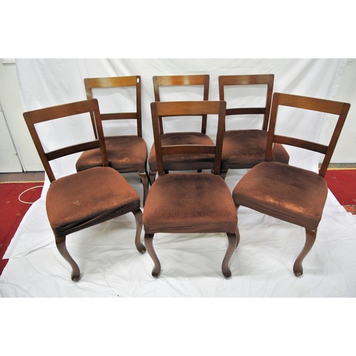 370 - Set of six Edwardian style mahogany dining chairs with bowed rails, upholstered seats, on cabriole l... 