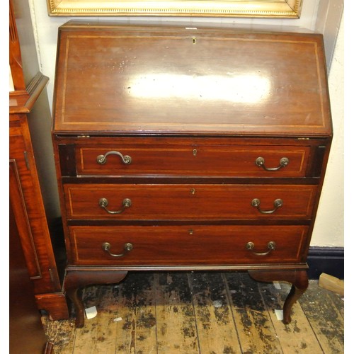 10 - Edwardian inlaid mahogany bureau with drop-down front, fitted interior, three drawers under with dro... 