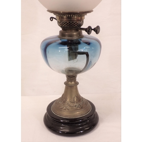 157 - Victorian table oil lamp with etched shade, blue tinted glass bowl, on round base