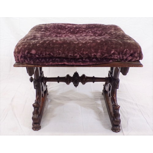 253 - Georgian style walnut stool with upholstered top, ornate scroll decorated columns and stretcher, on ... 