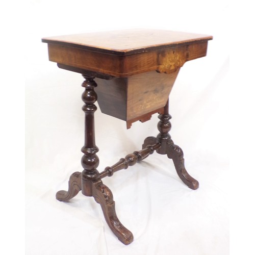 255 - Victorian inlaid walnut work table with ornate string and foliate inlay, lift up top with fitted int... 