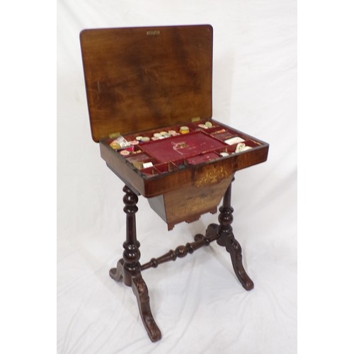 255 - Victorian inlaid walnut work table with ornate string and foliate inlay, lift up top with fitted int... 