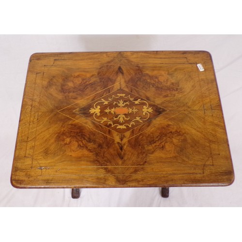 255 - Victorian inlaid walnut work table with ornate string and foliate inlay, lift up top with fitted int... 