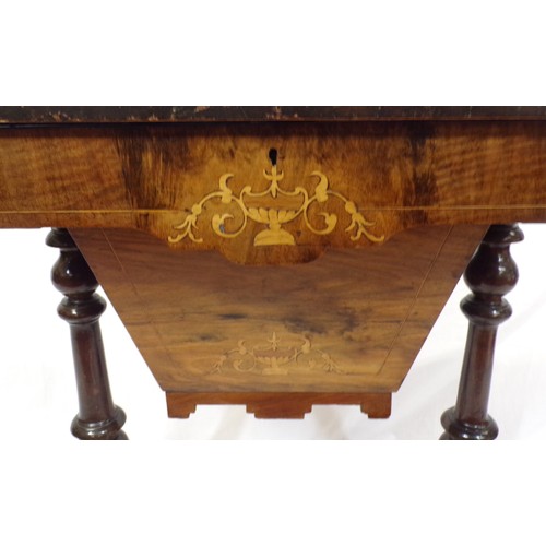 255 - Victorian inlaid walnut work table with ornate string and foliate inlay, lift up top with fitted int... 