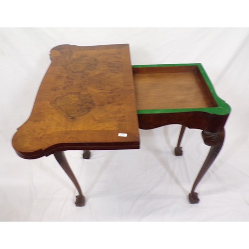 260 - Georgian style walnut card table with crossbanded fold over swivel top, dog-ear corners, baize surfa... 