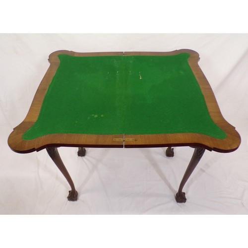 260 - Georgian style walnut card table with crossbanded fold over swivel top, dog-ear corners, baize surfa... 