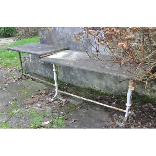 185 - Pair of Victorian wrought iron oblong marble topped garden tables (f)