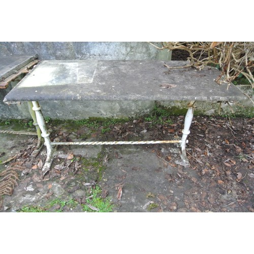 185 - Pair of Victorian wrought iron oblong marble topped garden tables (f)