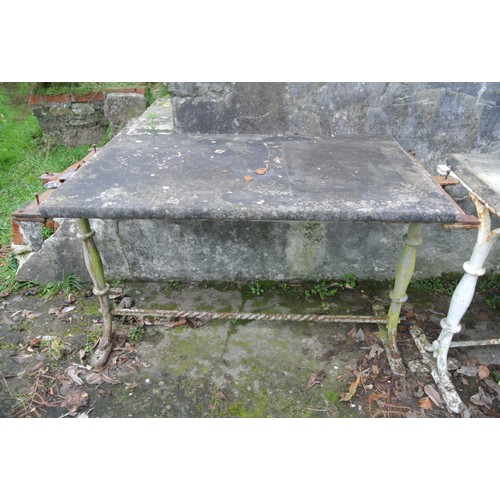 185 - Pair of Victorian wrought iron oblong marble topped garden tables (f)