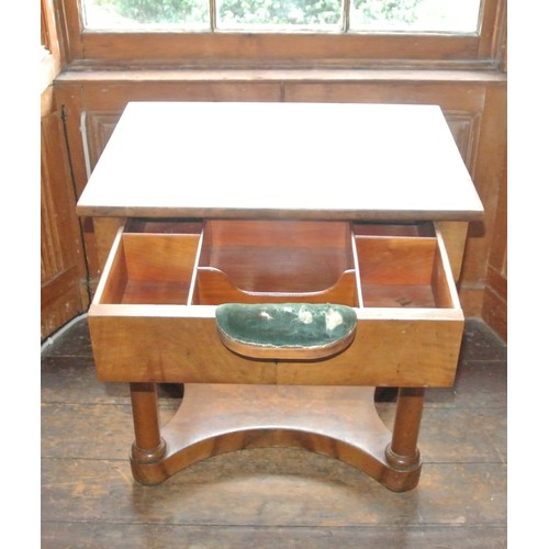 357 - Edwardian mahogany sewing table with fitted drawer, fold-out pin cushion, on turned columns with con... 