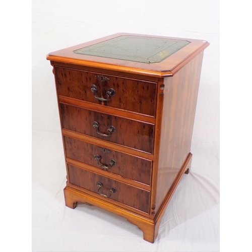 16 - Edwardian design yew cabinet with leatherette inset, two double drawers with drop handles, on bracke... 