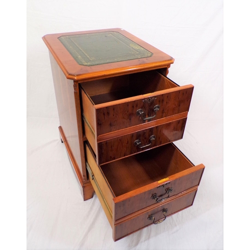 16 - Edwardian design yew cabinet with leatherette inset, two double drawers with drop handles, on bracke... 