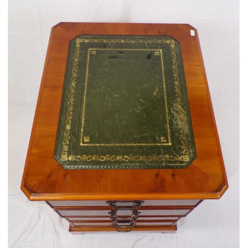 16 - Edwardian design yew cabinet with leatherette inset, two double drawers with drop handles, on bracke... 