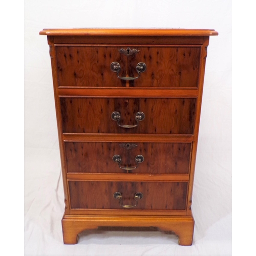 16 - Edwardian design yew cabinet with leatherette inset, two double drawers with drop handles, on bracke... 