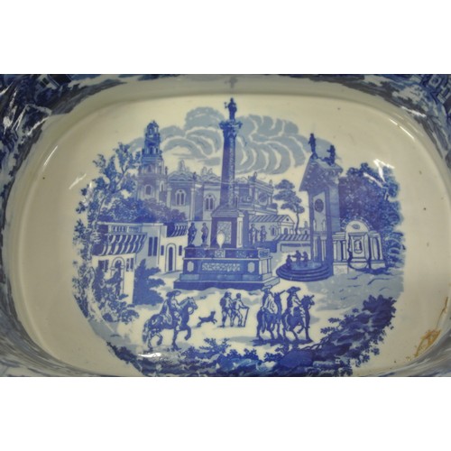 53 - Ornate ironstone bowl or footbath with shaped handles, ornate blue and white scenic decoration