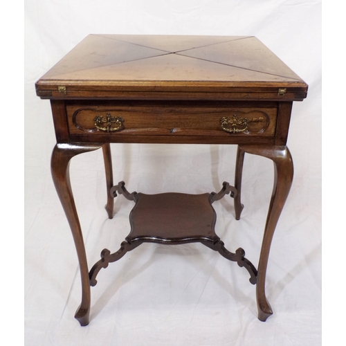 79 - Edwardian mahogany envelope card table with swivel top, fold-out diamonds, counterwells, frieze draw... 