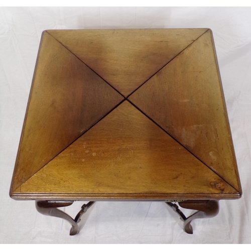 79 - Edwardian mahogany envelope card table with swivel top, fold-out diamonds, counterwells, frieze draw... 