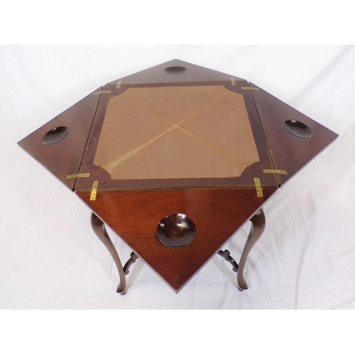 79 - Edwardian mahogany envelope card table with swivel top, fold-out diamonds, counterwells, frieze draw... 