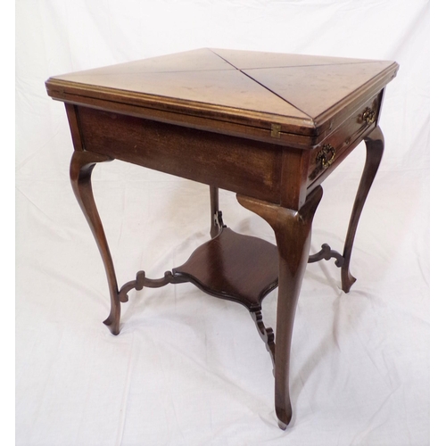 79 - Edwardian mahogany envelope card table with swivel top, fold-out diamonds, counterwells, frieze draw... 